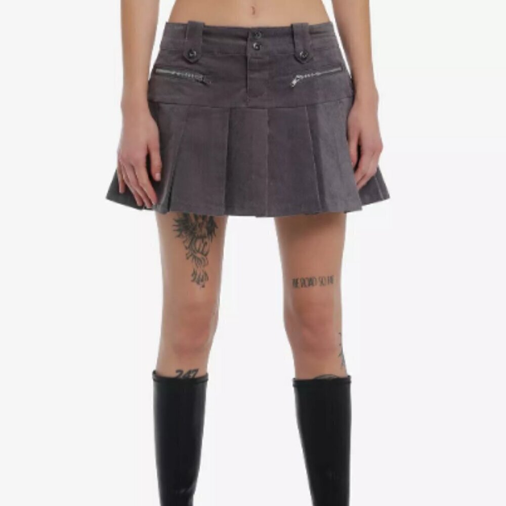 Hot Topic Social Collision Dark Grey Corduroy Low Rise Pleated Skirt Large